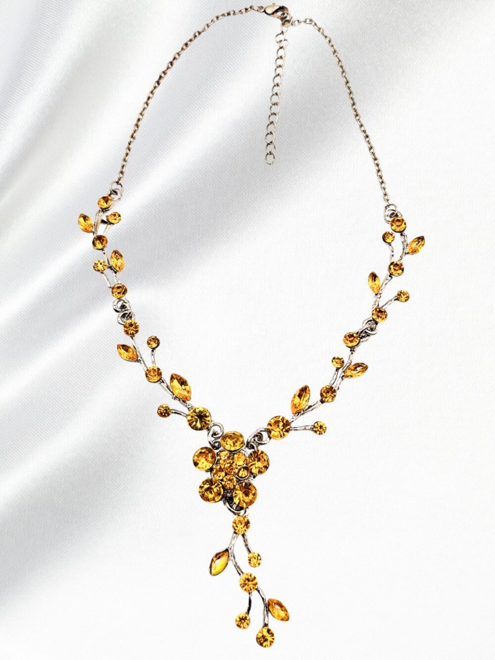 Amber Rhinestone Floral Vine Y Drop Necklace Silver Tone Statement Bridal Prom